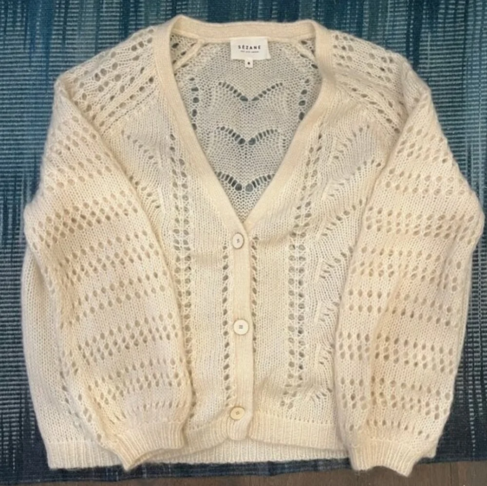 SÉZANE Dereck Fancy Knit Mohair Pointelle Cardigan Ivory Ecru S Like New RARE - Picture 3 of 12